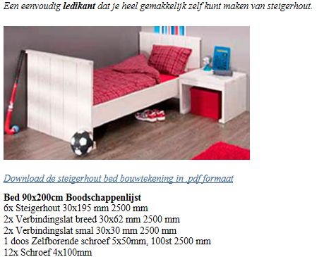 Bed van nieuwe steigerplanken, gratis bouwtekening voor steigerhouten bedden.