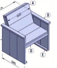 Bouwtekening voor een eenvoudige tuinstoel van steigerhout.