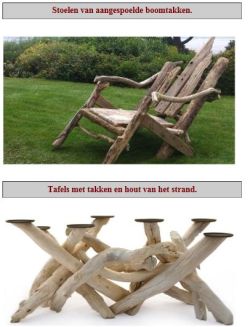 Tafels en stoelen van takken maken.